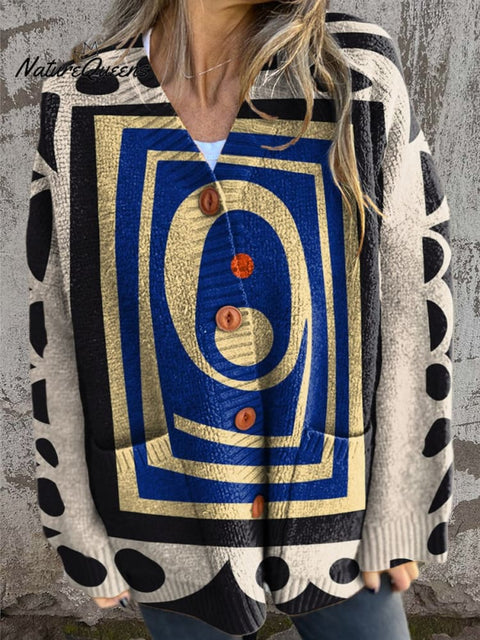 Abstract Graphics Print Buttoned Cardigan Sweater