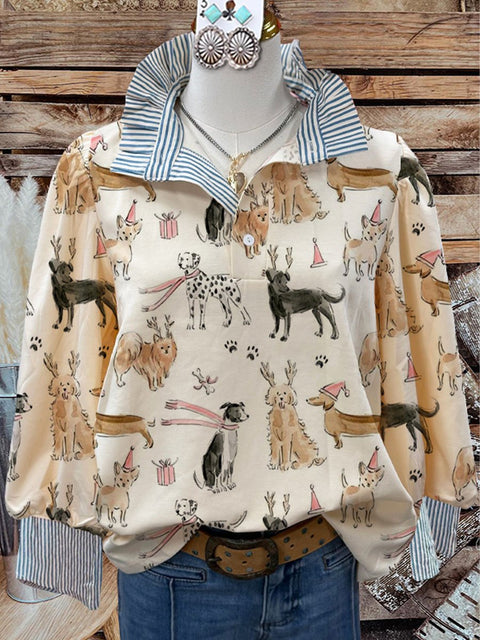 Women's Lovely Christmas Dogs Art Print Casual Long Sleeve Comfortable Top