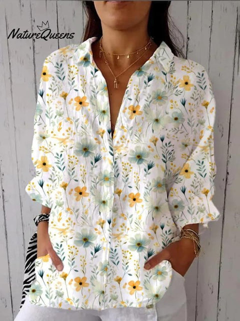 Women's Yellow Green Elegant Small Flower Floral Print Casual Linen V-neck Shirt