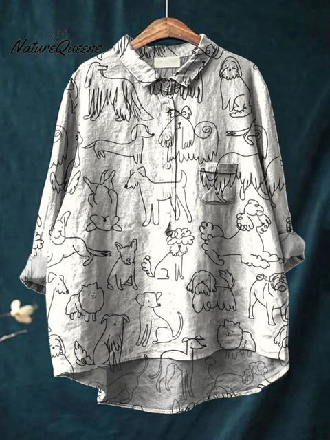 Women's Simple Black and White Line Puppy Print Casual Cotton And Linen Shirt