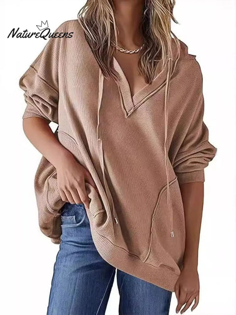 Women's V-neck Waffle Solid Color Long-sleeved Hooded Sweatshirt