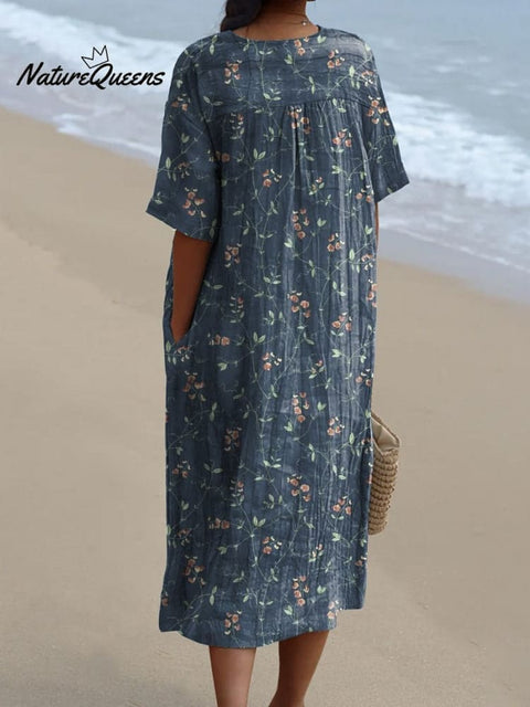 Petite Floral On Vine Pattern Printed Women's Flowy Dress