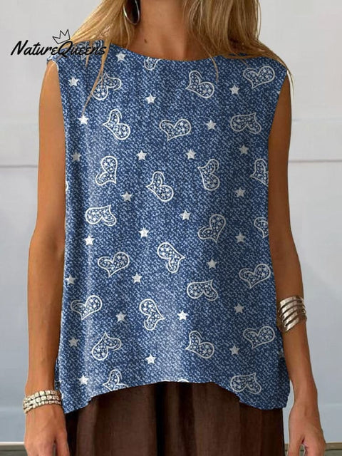 Denim Style Heart Pattern Printed Women's Casual  Cotton And Linen Tank Top