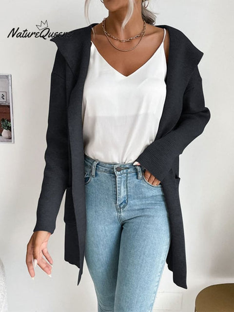 Autumn and Winter Women's Hooded Pit Knitted Sweater Cardigan Jacket