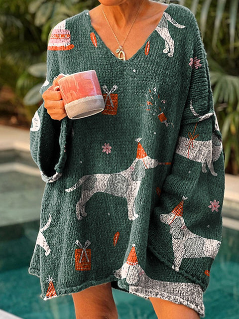 Christmas Hat dog animals Birthday present Women's Casual Pullover Sweater