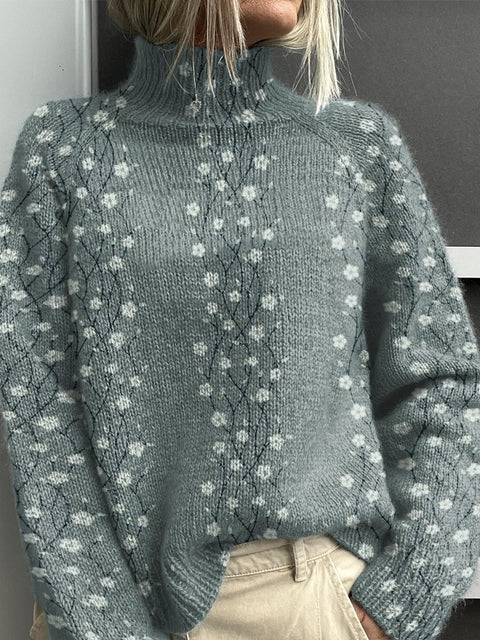 Small Floral Stripes Print Knit Turtleneck Pullover Sweater
