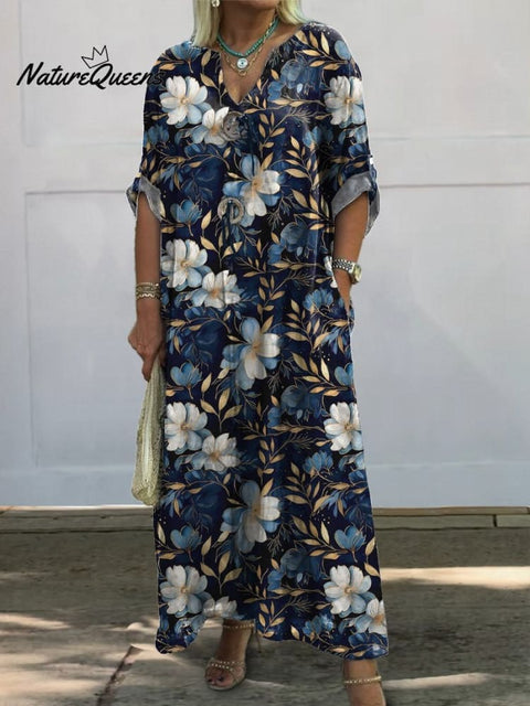 Midnight White Magnolia Floral Pattern Printed Women's Pocket Cotton Dress