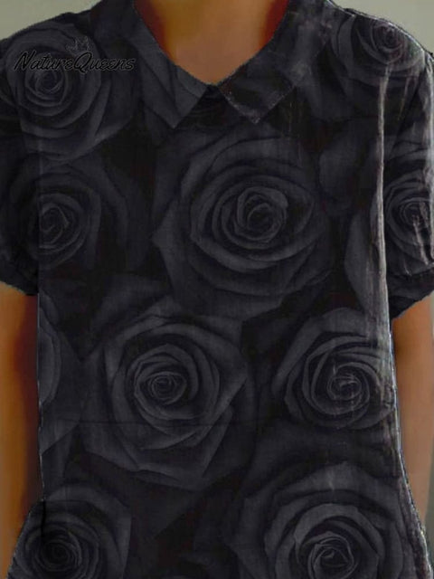 Midnight Black Rose Pattern Printed Women's Casual Cotton And Linen Shirt