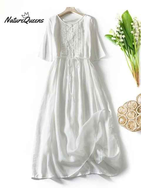 Double Layered Lace Up Waist Up Cotton Linen Middle Sleeve Dress