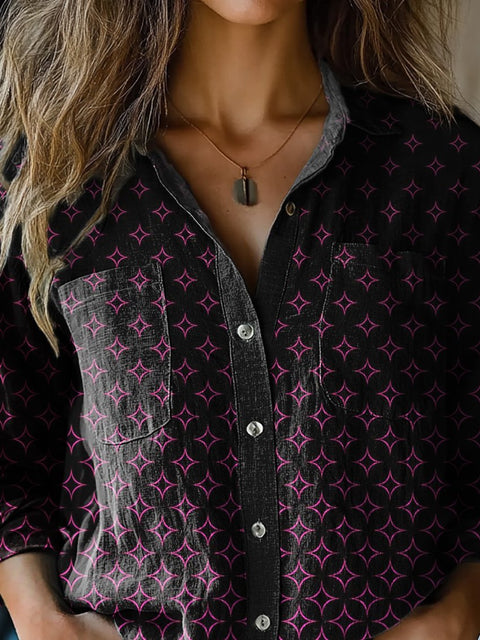 Geometric Star Pattern Printed Women's Casual Long Sleeve Comfortable Cotton Shirt