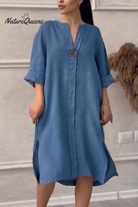 Casual buttoned cotton and linen dress