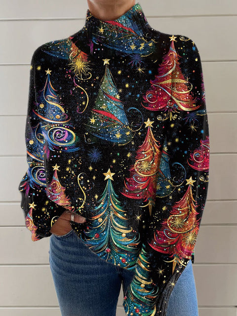 Glitter Christmas Print Knit Turtleneck Pullover Sweater