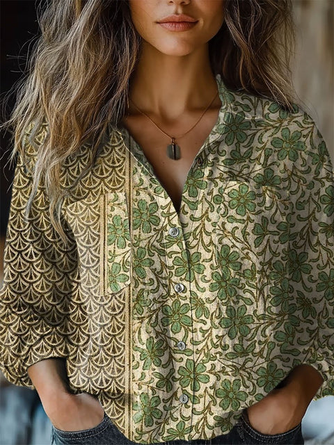 Women's Retro  Floral Print  Casual Long Sleeve Comfortable Cotton Shirt