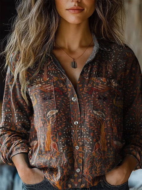 Retro Woodland And Animal Symmetrical Pattern Printed Women's Casual Long Sleeve Comfortable Cotton Shirt