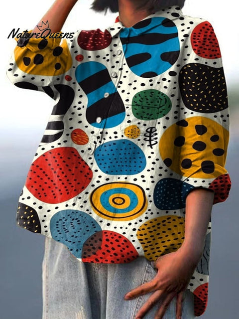 Women's Retro Colorful Circular Dot Illustration Print Casual Cotton And Linen Shirt
