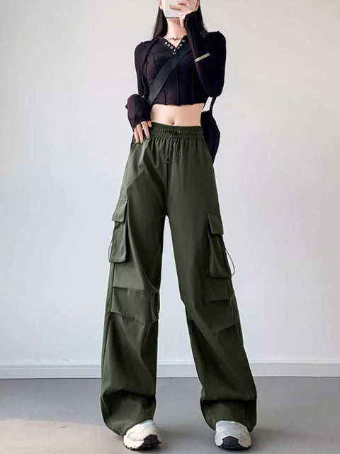 Women's Retro Stylish Casual High Waist Sports Parachute Wide Leg Pants