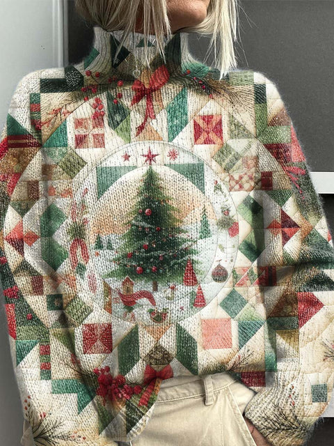 Women's Lovely Christmas Tree Art Print Knit Turtleneck Pullover Sweater