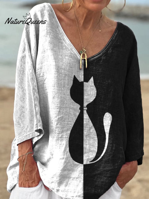 Black And White Symmetrical Cat Art Printed Women's Casual V-neck Long Sleeve Comfortable Cotton T-shirt