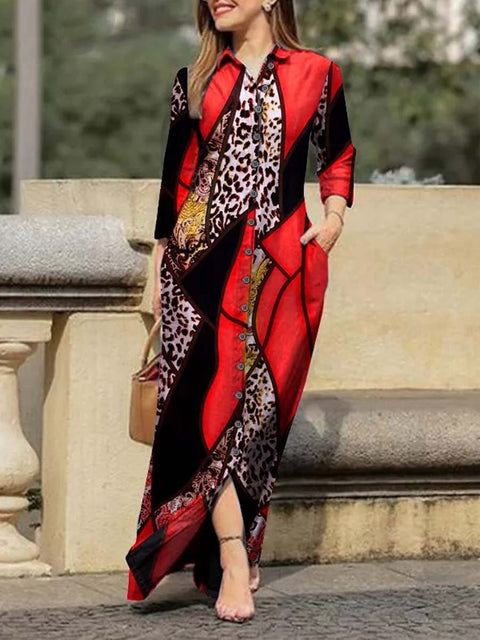 Women's Geometric Leopard Pattern Art Print Loose Elegant Casual Lapel Long Sleeve Cotton Long Shirt Dress