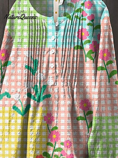 Lovely Floral And Tartan Pattern Printed Women's Casual Cotton And Linen Shirt