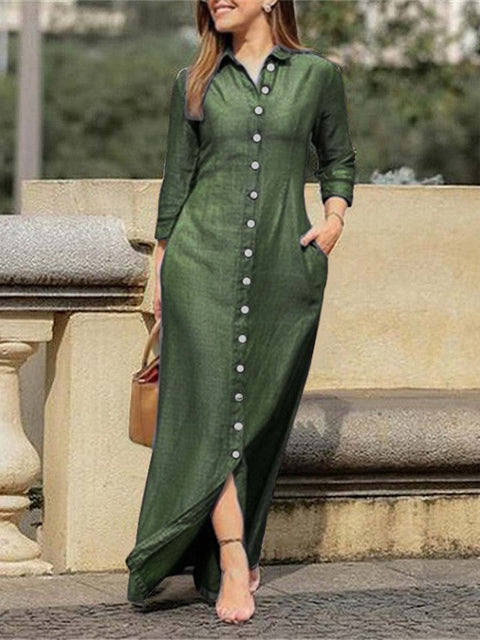 Women's Solid Color Loose Elegant Casual Lapel Long Sleeve Cotton Long Shirt Dress