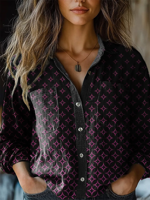 Geometric Star Pattern Printed Women's Casual Long Sleeve Comfortable Cotton Shirt