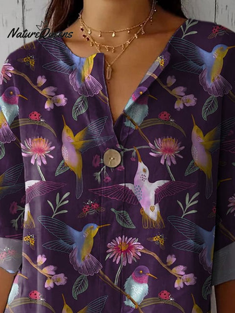 Midnight Hummingbird Pattern Printed Women's Casual Cotton Linen Shirt