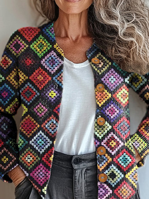 Multicolor Crochet Pattern Printed Buttoned Cardigan Sweater