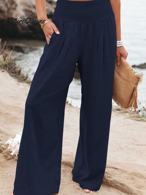 Women’s Cotton And Linen Elasticated Waist - Waisted Wide - Leg Pants Navy Blue / S