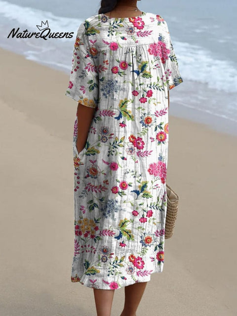Retro Style Garden Floral Repeat Pattern Printed Women's Flowy Dress