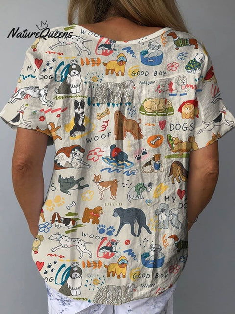 Women's Cute Dog Art Print Casual Cotton And Linen Shirt