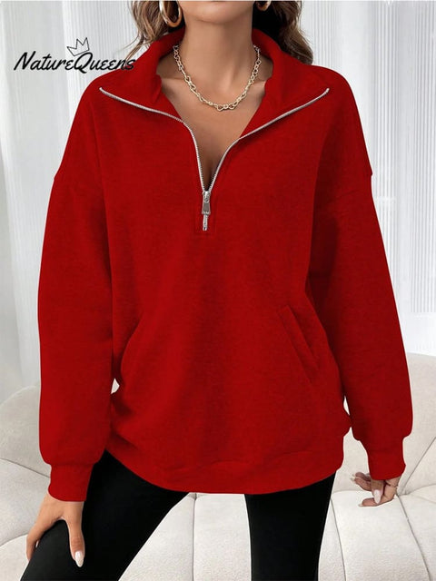 Zipper Lapel Solid Color Casual Women's Sweatshir