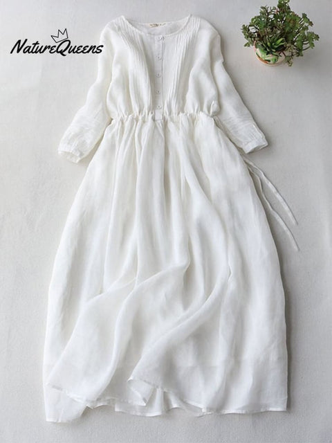 Medium Sleeved Cotton Linen Loose Lace Up Pleated Large Swing Dress