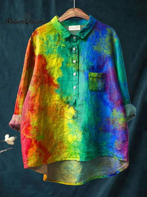 Rainbow Color Splash Paint Pattern Printed Women's Casual Cotton And Linen Shirt