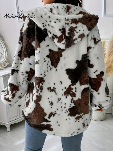 Plush Hooded Cow Print Fleece Jacket