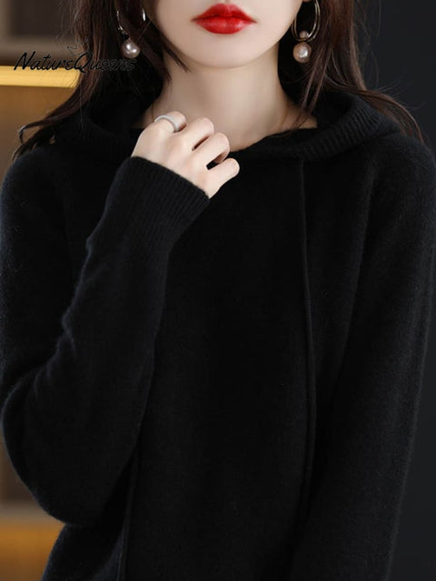 Women's Stylish Casual Long Sleeve Solid Color Hooded Loose Wool Knitted Sweater