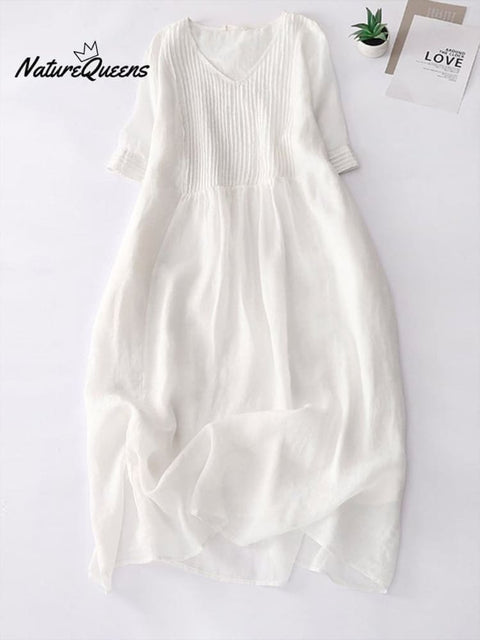 Elegant Pleated Loose Cotton Linen Dress