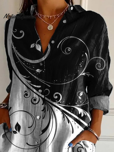 Black And White Floral Art Printed Women's Casual Cotton Shirt