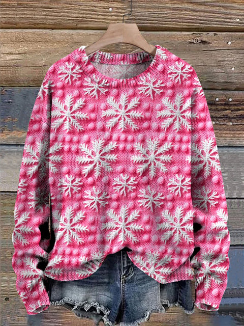 3D Snowflake Knit Stitch Pattern Printed Knit Pullover Sweater