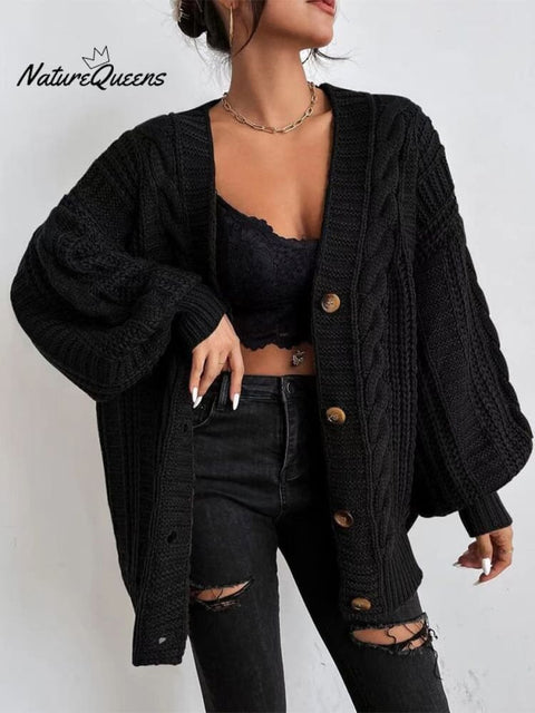 Loose Sweater Coat Autumn and Winter Twist Solid Color V-neck Cardigan