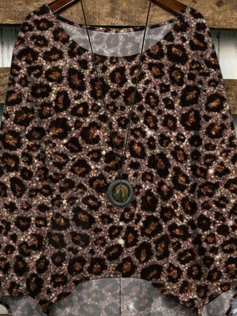 Glitter Leopard Print Pattern Printed Women's Casual Long Sleeve Comfortable Cotton Top
