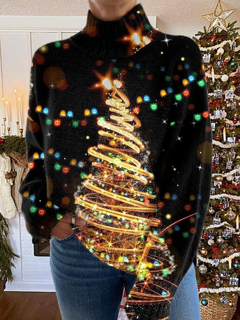 Glitter Christmas Print Knit Turtleneck Pullover Sweater