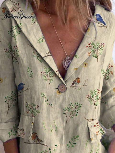 Boughs And Robin Birds Pattern Printed Women's Linen And Cotton Pocket Coat