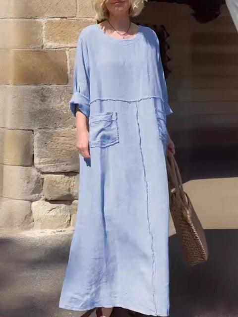 Women's Round Neck Solid Color Cotton And Linen Long Sleeve Pocket Casual Pleated Dress