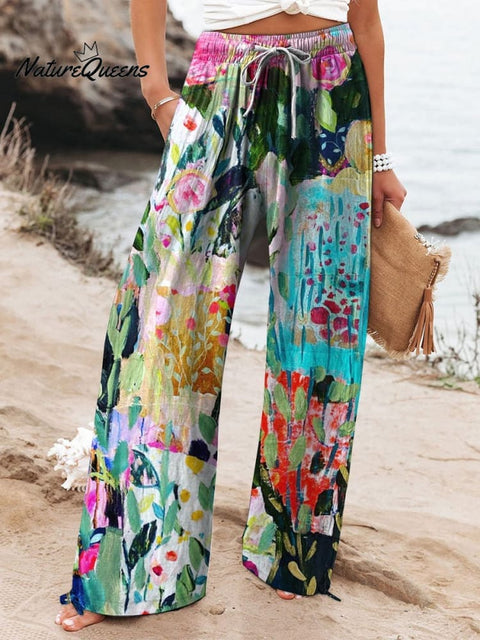 Abstract Floral Garden Printed Women's Cotton And Linen Casual Pants