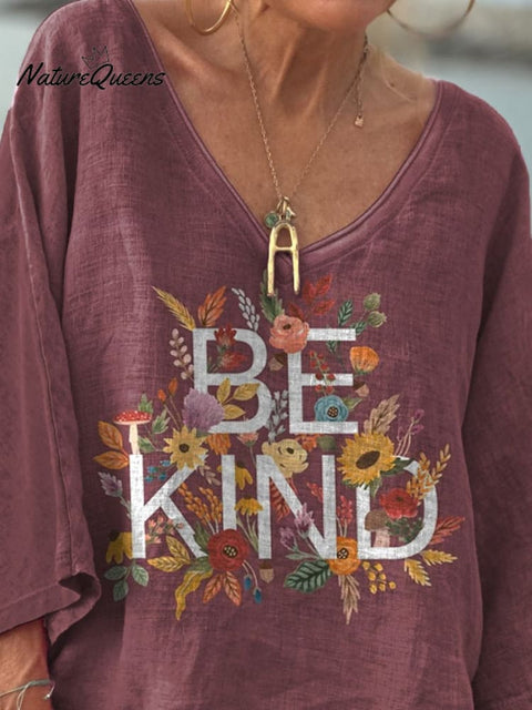 "Be Kind" Positive Slogan And Autumn Harvest Theme Graphic Printed Women's Casual V-neck Long Sleeve Comfortable Cotton T-shirt