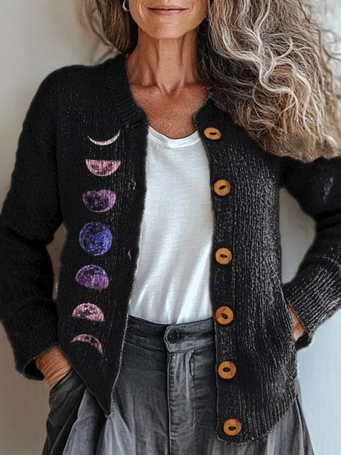 Cycle Of The Moon Art Printed Buttoned Cardigan Sweater