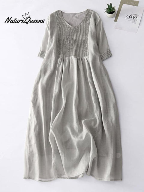 Elegant Pleated Loose Cotton Linen Dress