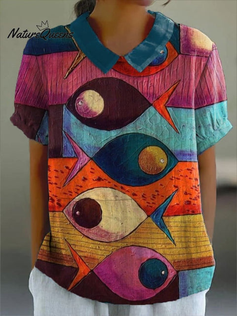 Women's Fish Animals Art Print Casual Cotton And Linen Shirt
