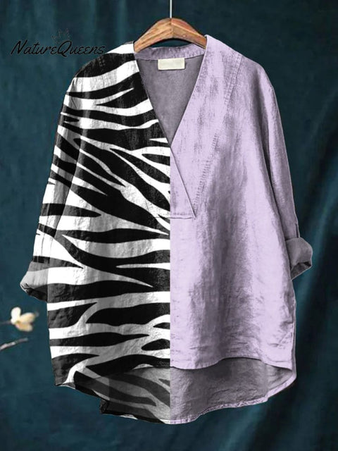 Zebra Print Pattern Printed Women's Casual Cotton And Linen V-neck Shirt